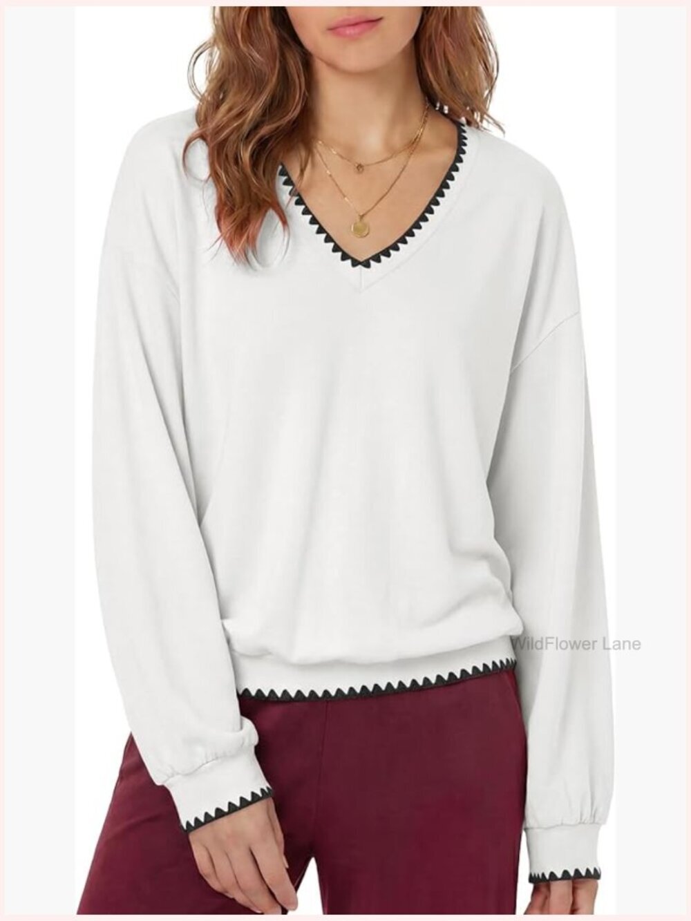 Color Block V Neck Long Sleeve Blouse Top, Soft Stretch, Relaxed Fit
